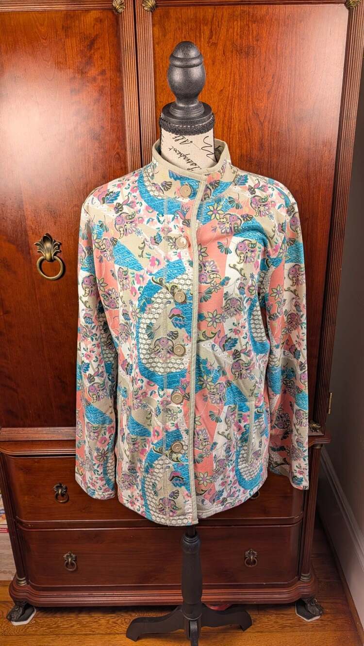 Koret Floral Button-Down Jacket Coat with Pockets Blue Pink Coral